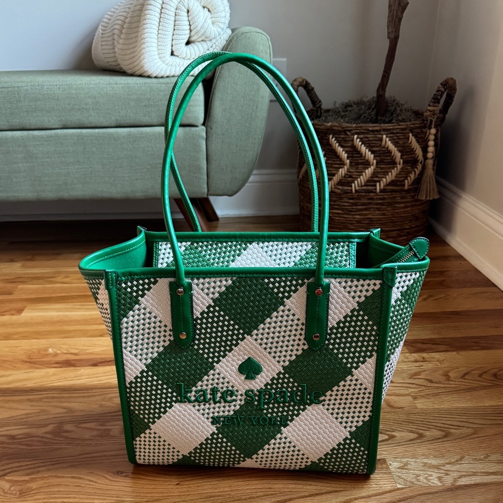 Rare Kate Spade Green and White Plaid Tote - like new